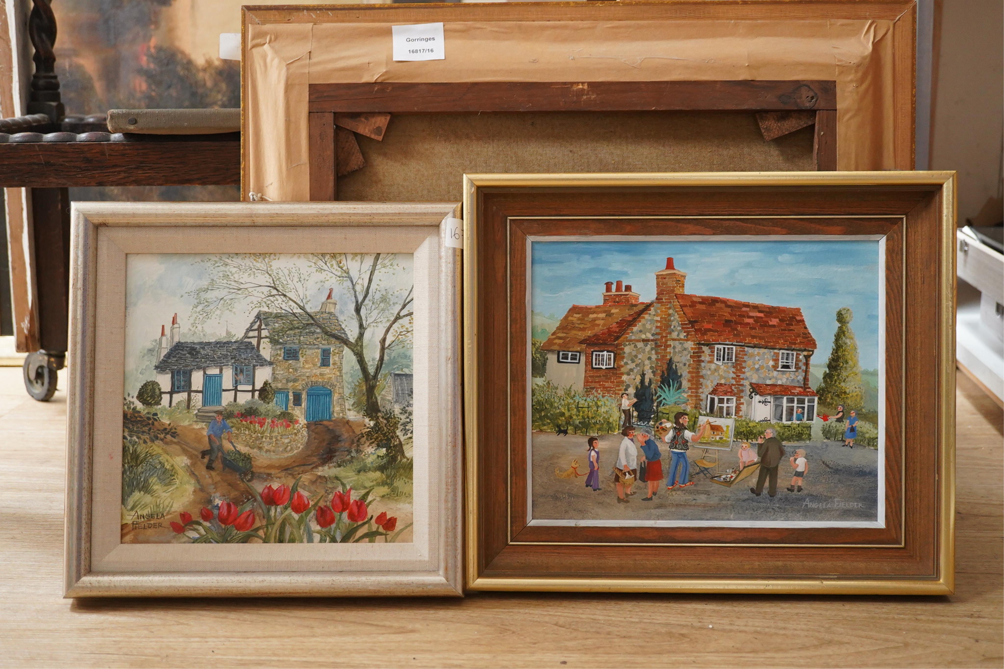 Angela Fielder (contemporary), two oils on board, Artist before a cottage and Cottage garden scene with tulips, each signed, details verso, largest 21 x 26cm. Condition - good